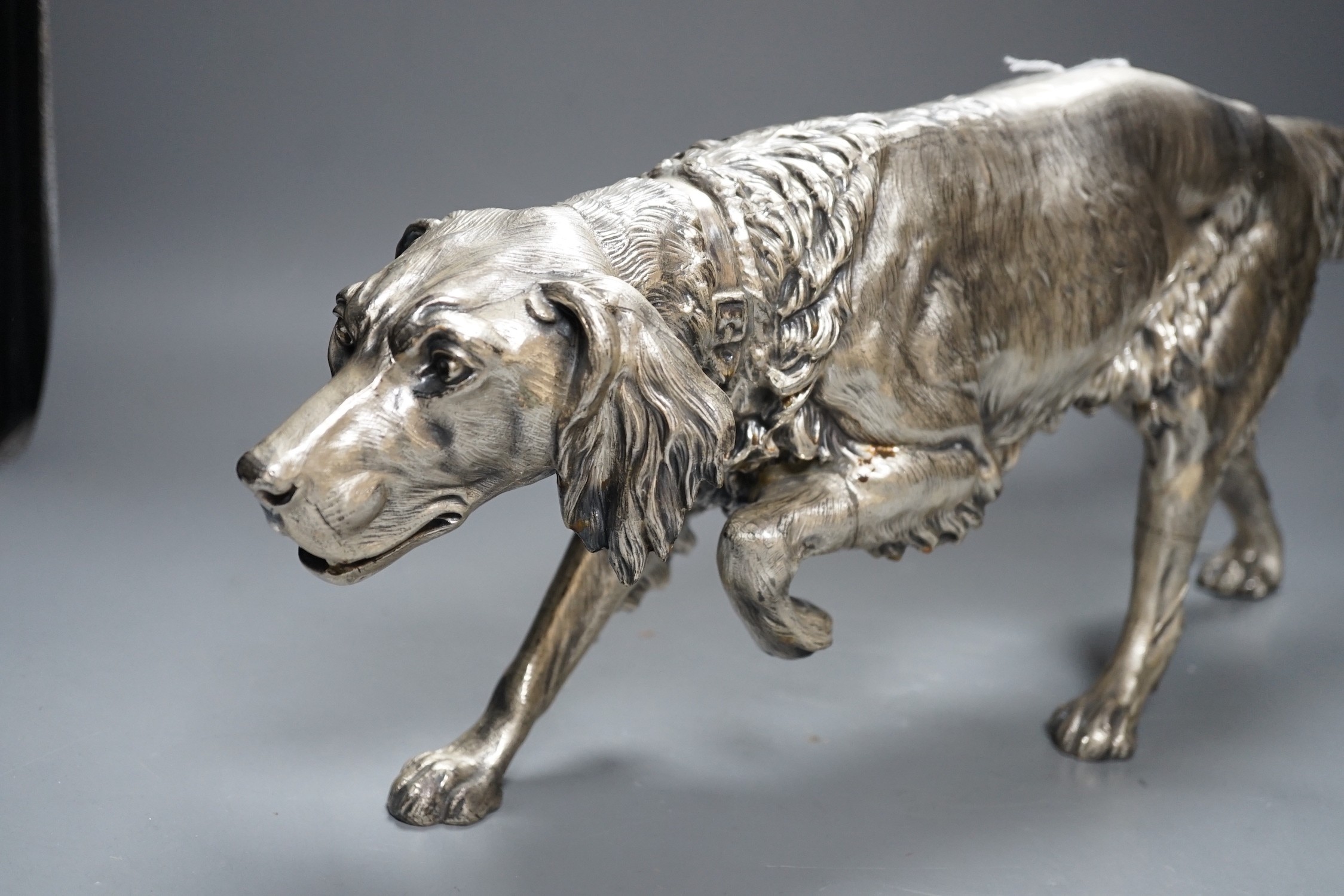 A large Continental silver plated model of a pointer, marked JB 3085, 54cm long